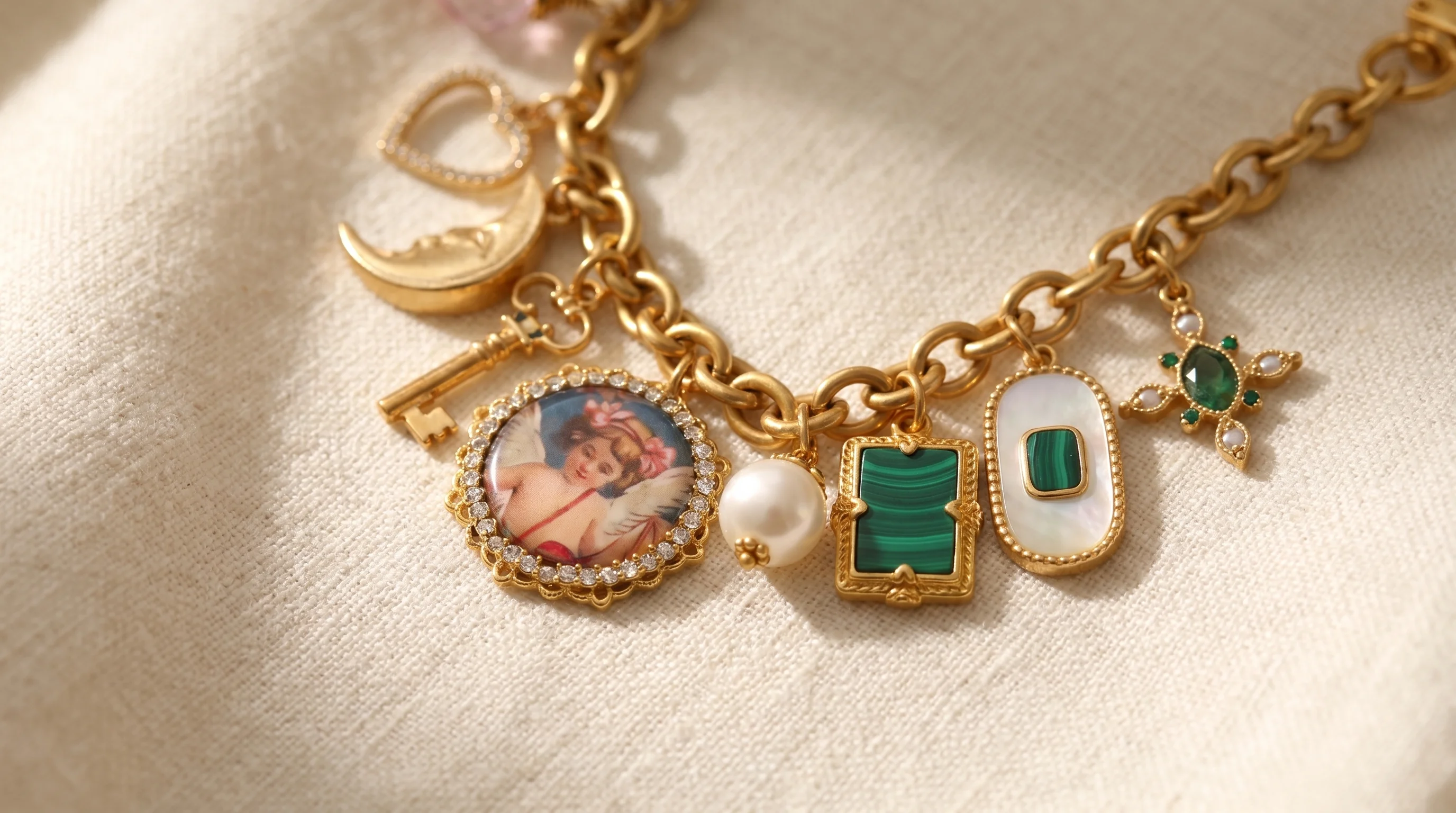 A gold charm bracelet with angel, malachite, pearl, and moon charms on a cream linen surface, by Enleira