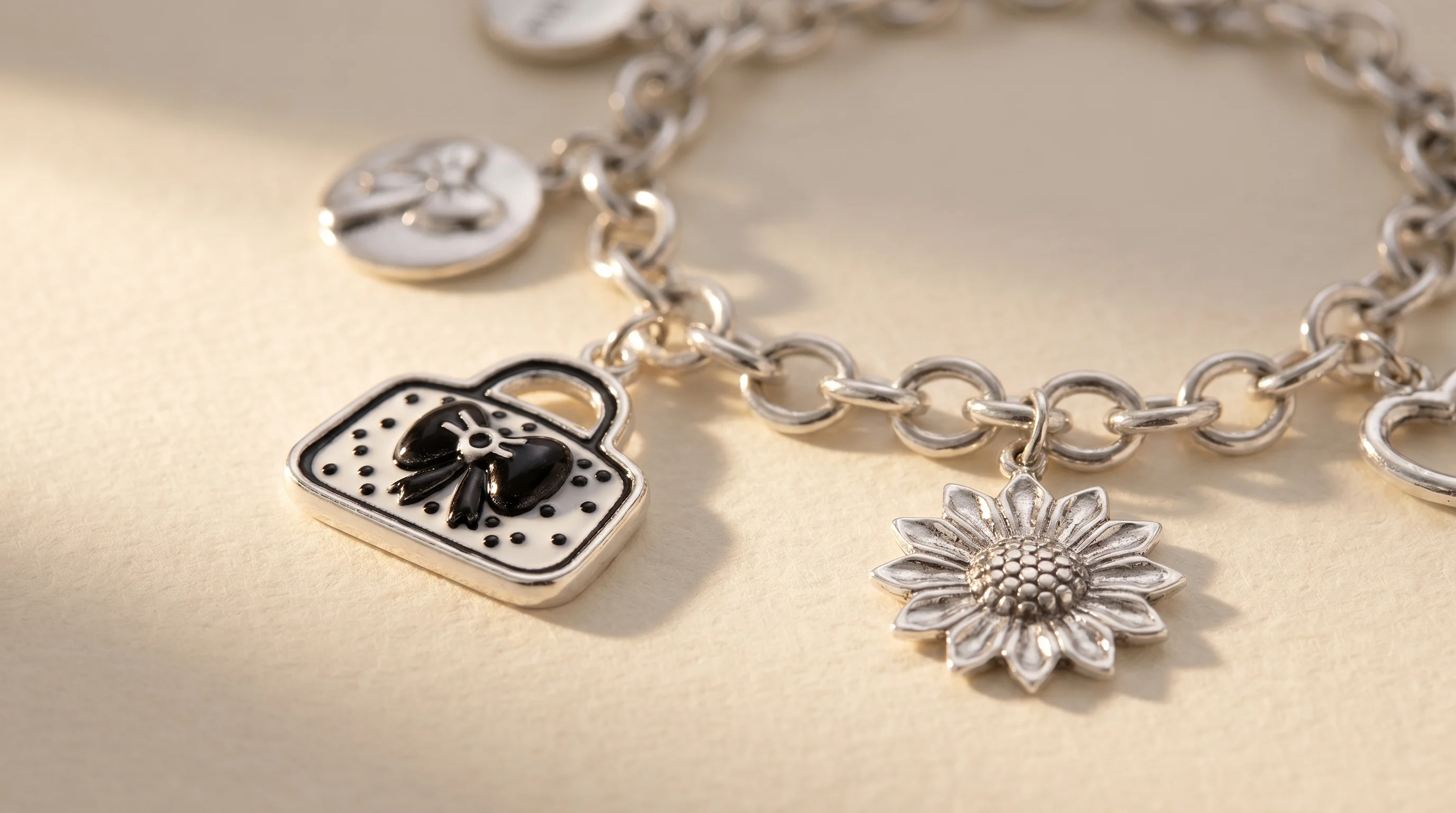 A silver charm bracelet with handbag and sunflower charms resting on a cream textured surface in warm light, by Enleira