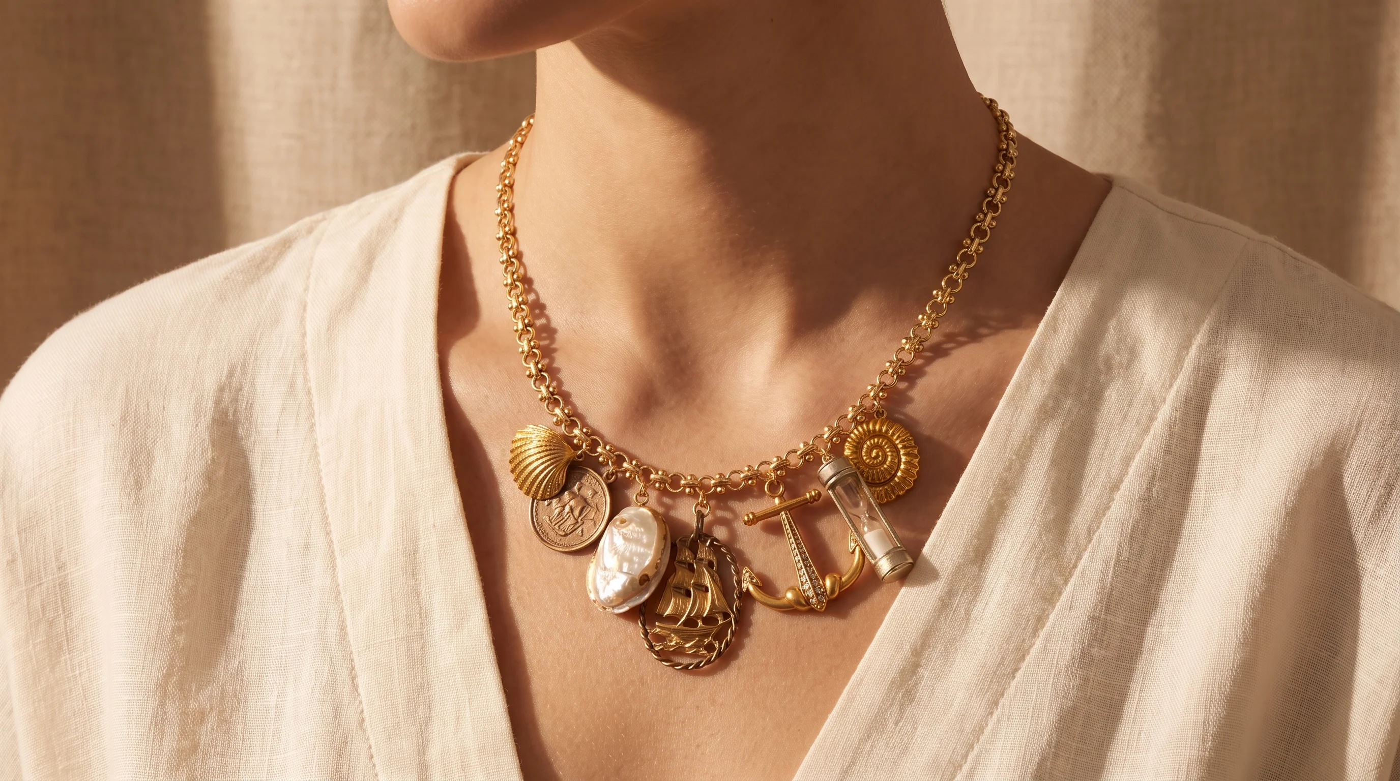 A model wears a gold chain necklace with nautical charms, including an anchor and seashell, against a warm linen, by Enleira