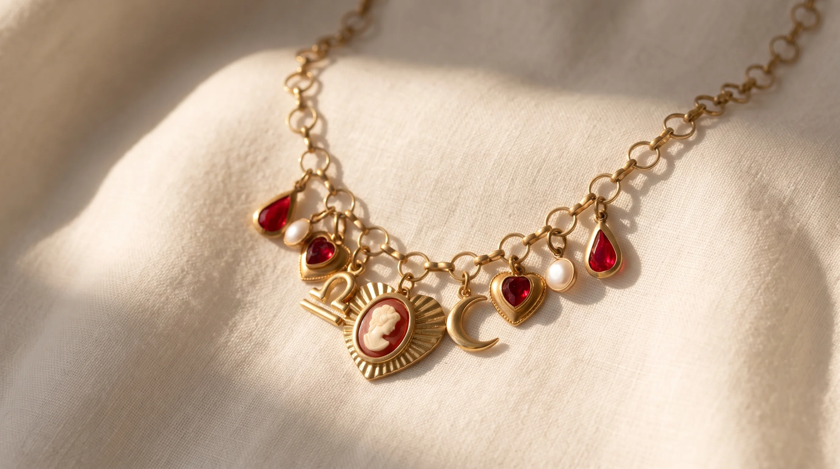 A gold charm necklace with cameo, red gems, and moon charms on cream linen, by Enleira