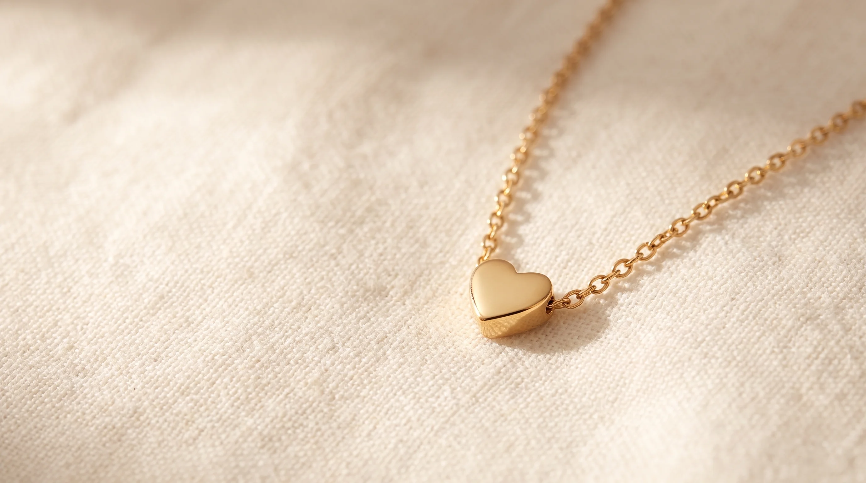 A delicate gold heart charm necklace resting on a soft, cream-colored linen surface, by Enleira