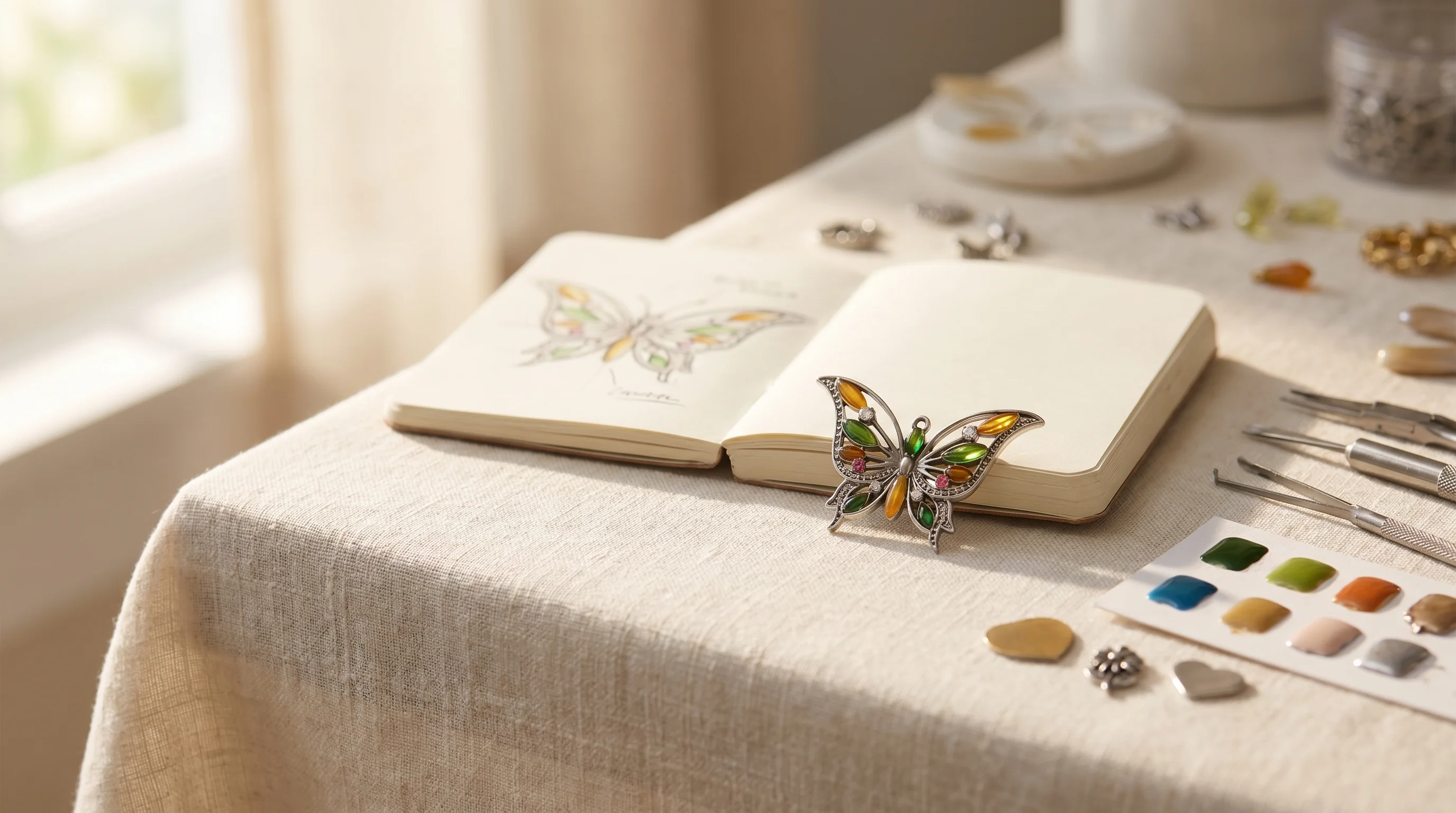 A silver butterfly charm sits on a sketchbook next to design tools and color swatches on a sunlit workbench, by Enleira