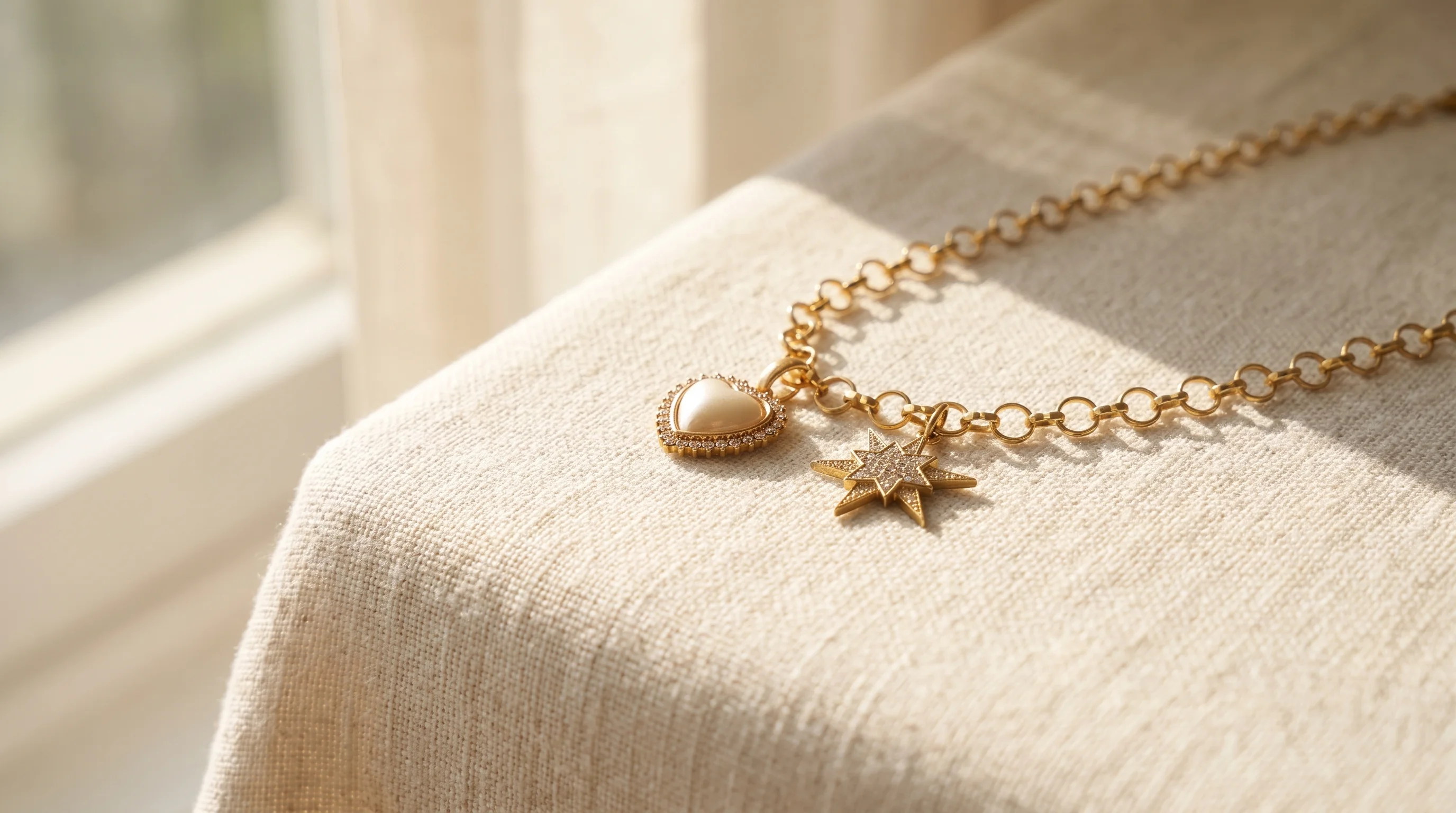A gold charm necklace with a pearl heart and pavé star charm rests on a cream linen surface in soft window light, by Enleira