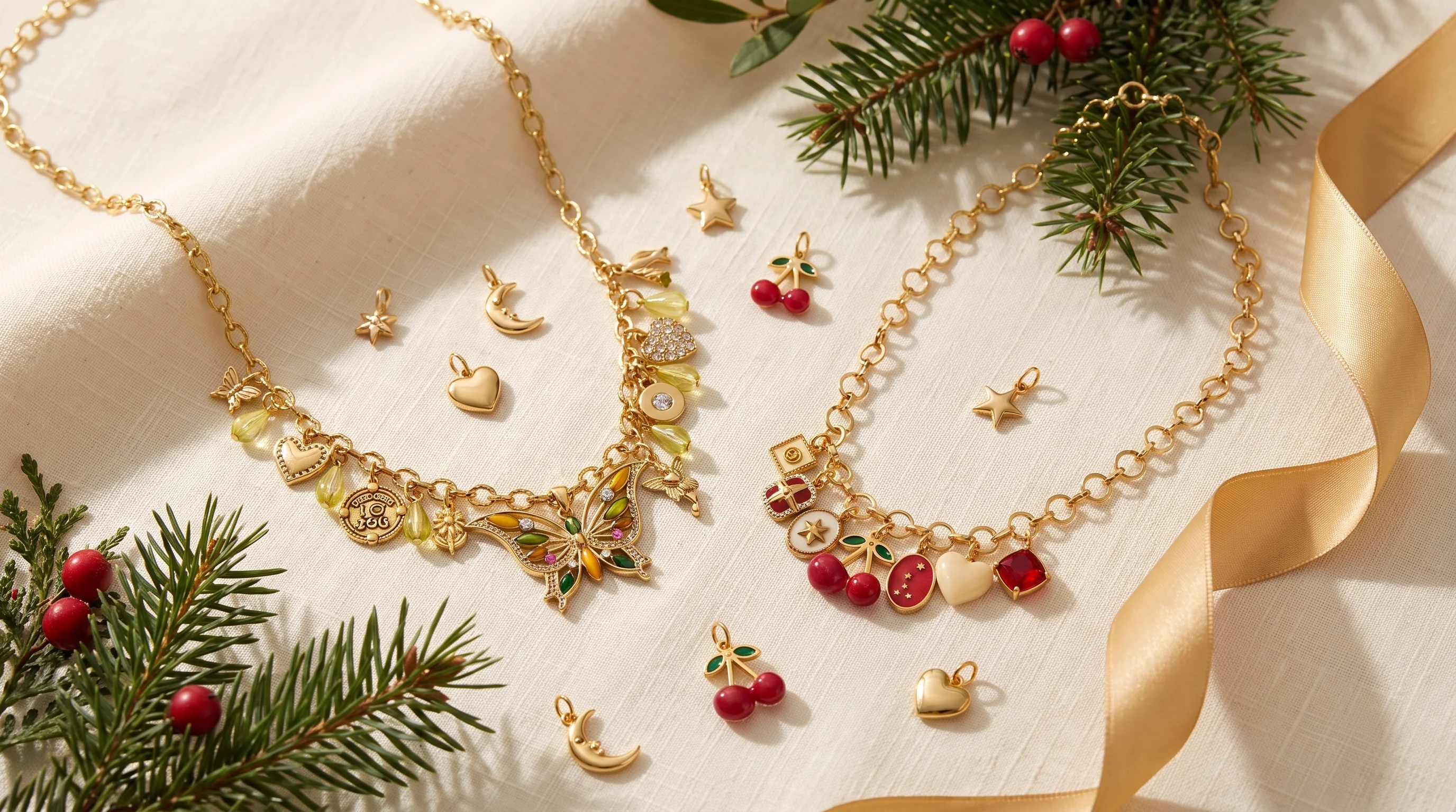 Two gold charm necklaces with butterfly and cherry charms on linen with holiday greenery and a gold ribbon, by Enleira