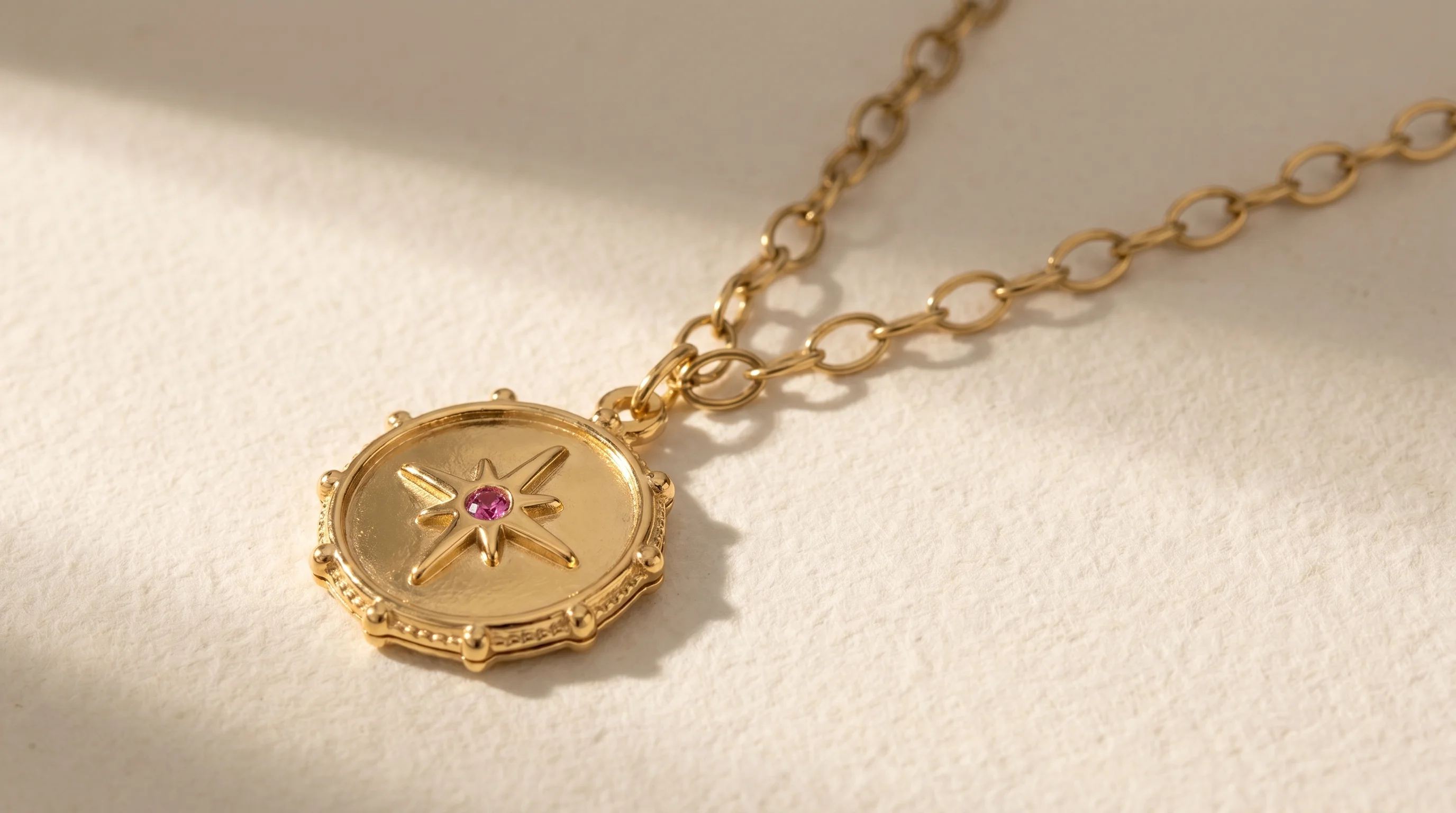 A gold starburst medallion charm necklace with a pink gemstone, resting on a textured cream surface in soft light, by Enleira