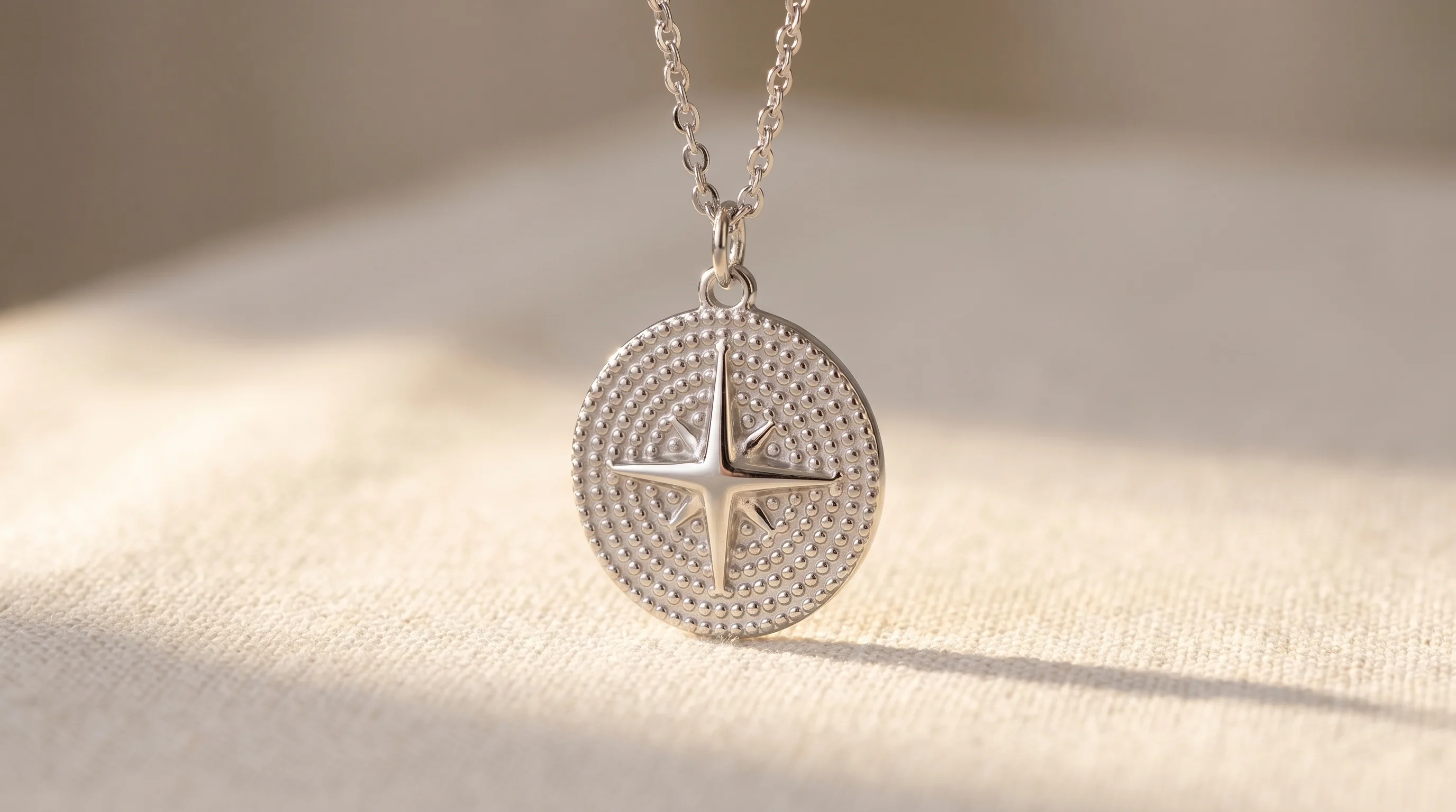 A silver North Star charm necklace with a textured pendant, resting on a cream linen surface in warm light, by Enleira