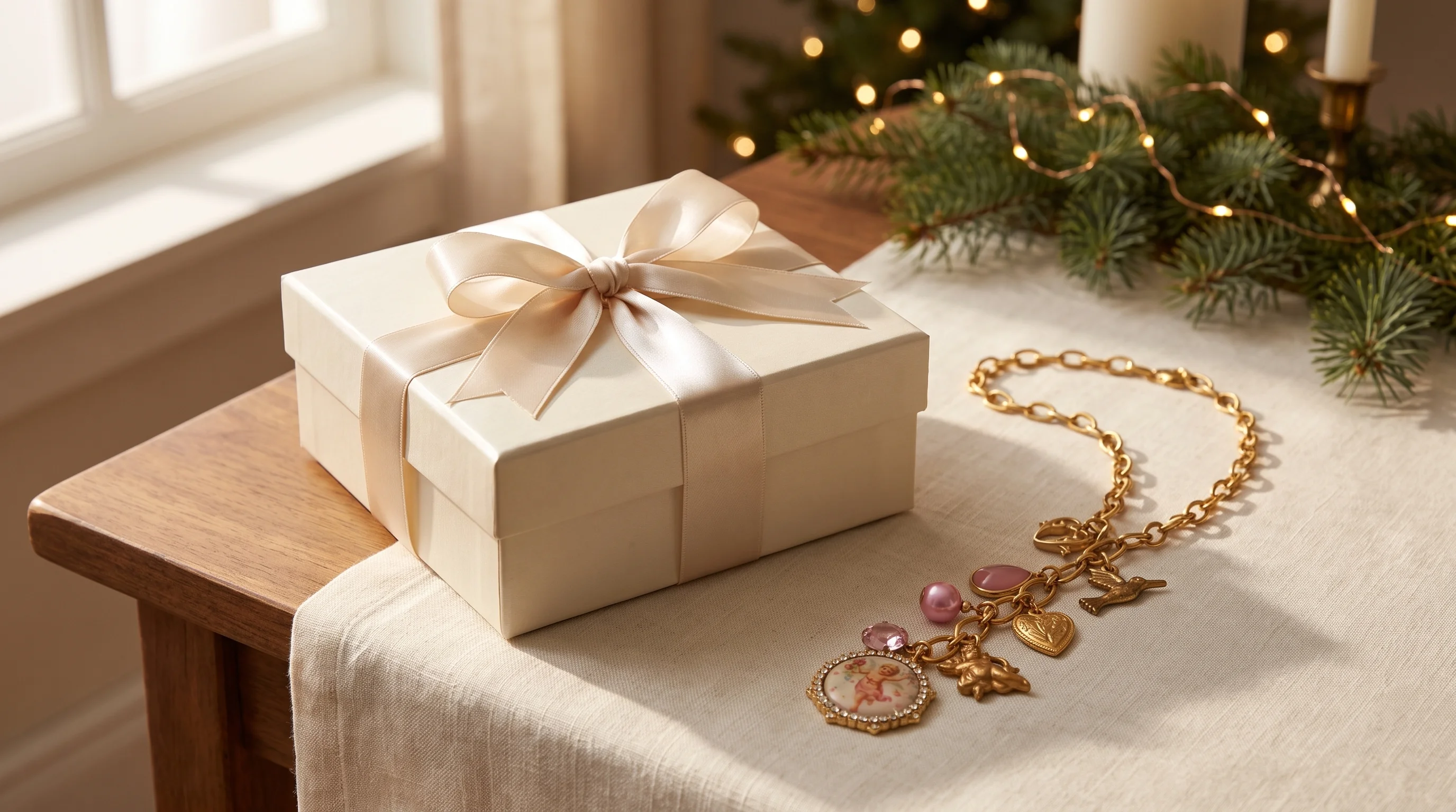 A gold charm necklace rests beside a cream gift box with a satin ribbon on a wooden table with holiday greenery, by Enleira