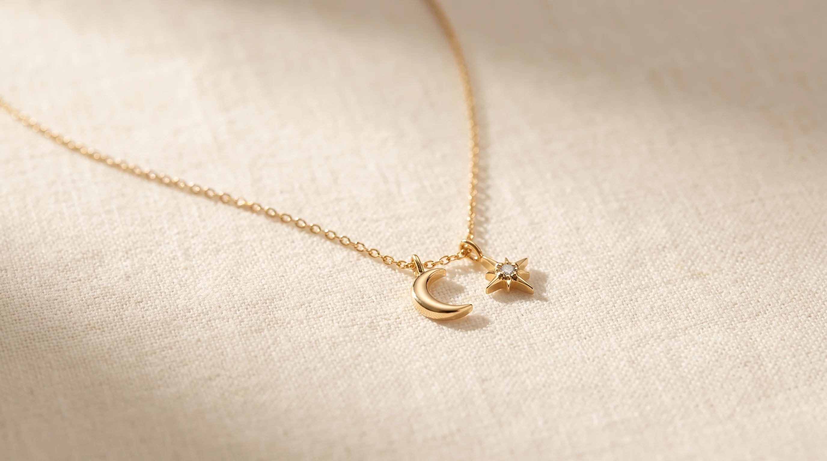 A delicate gold necklace with a crescent moon and a star charm with a small gemstone, set on a cream linen cloth, by Enleira