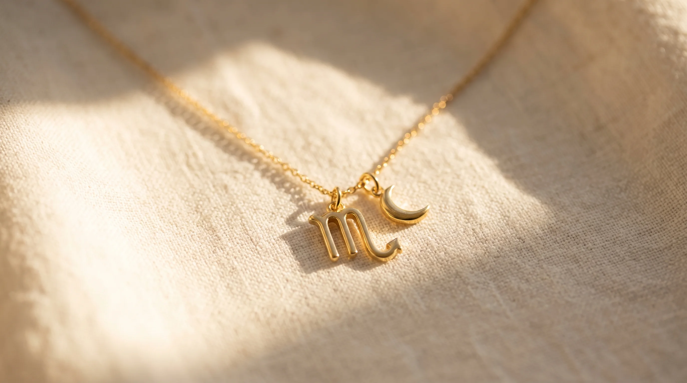 A gold necklace with Scorpio zodiac and crescent moon charms, resting on a cream linen surface in warm light, by Enleira