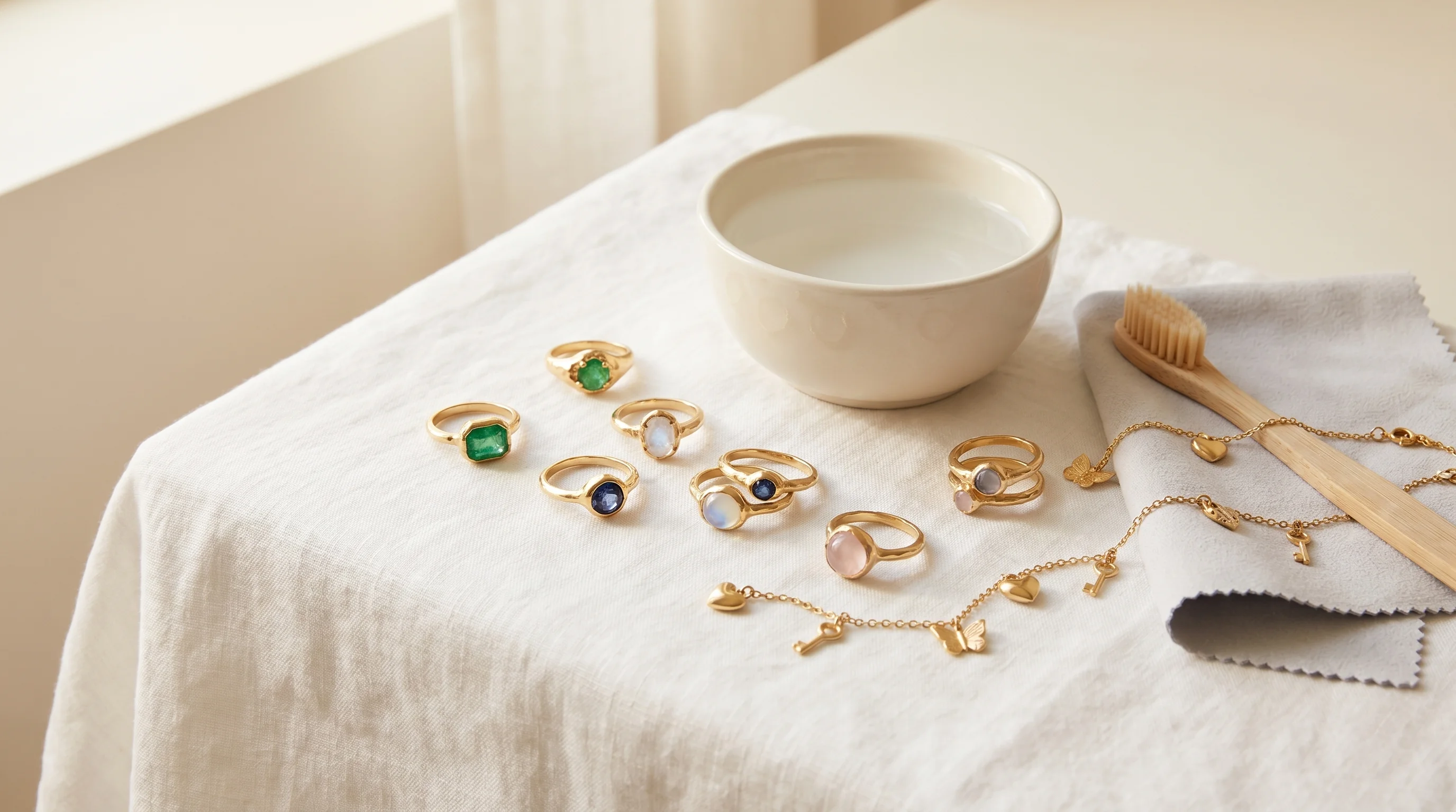 Flat lay of several gemstone rings arranged on a soft white linen cloth, alongside a small bowl of water, a soft toothbr