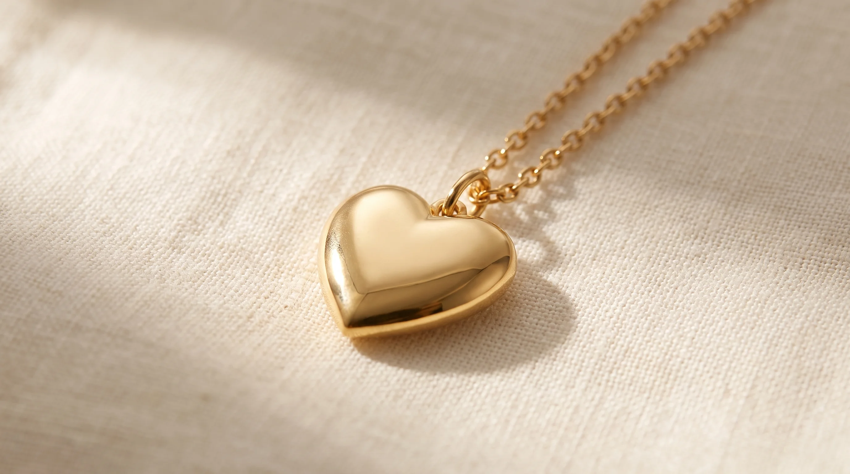 A polished gold puffy heart charm necklace resting on a textured cream linen surface, by Enleira