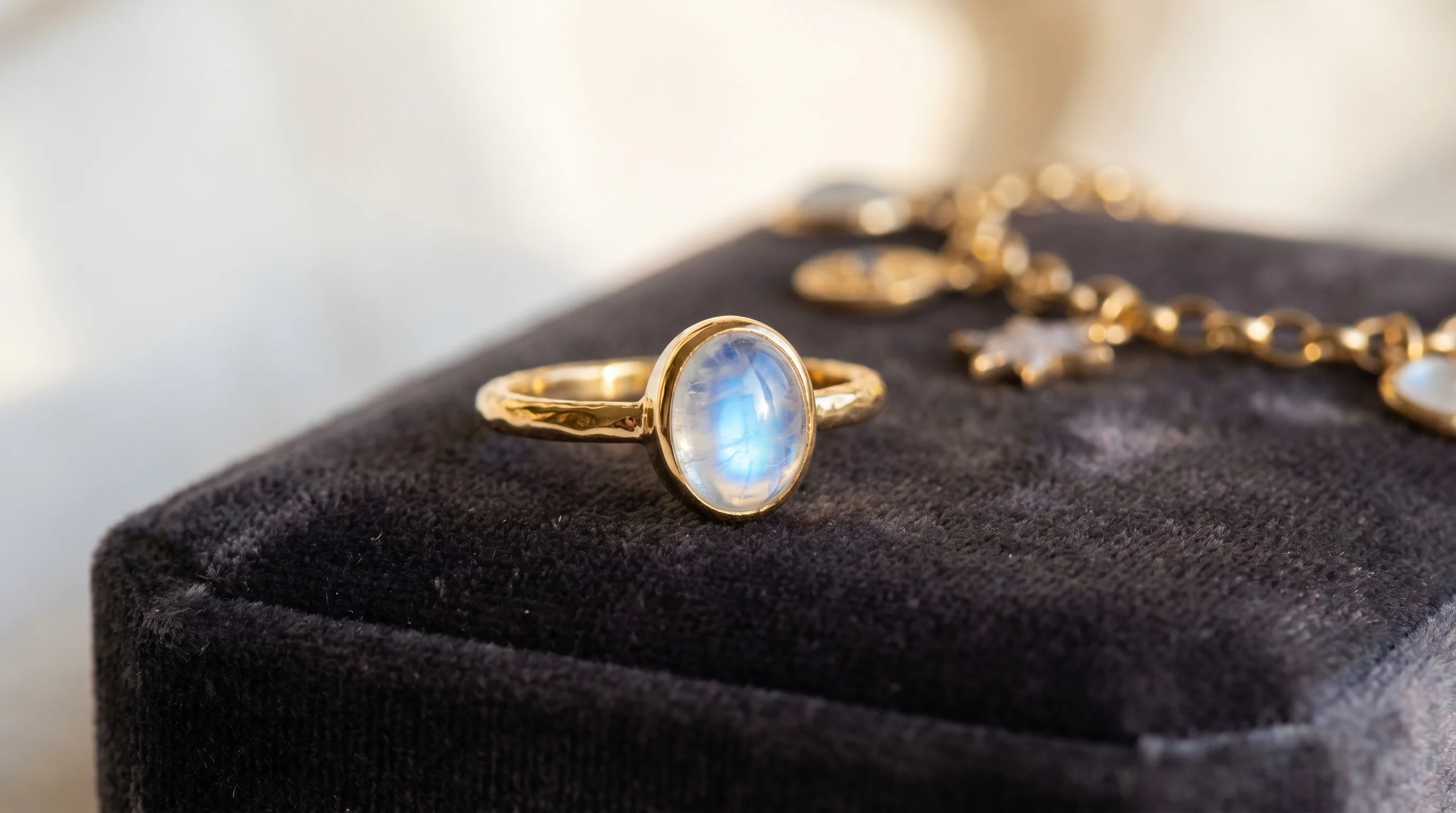 Close-up of a moonstone ring resting on a dark velvet surface, the stone showing its characteristic blue-white adularesc