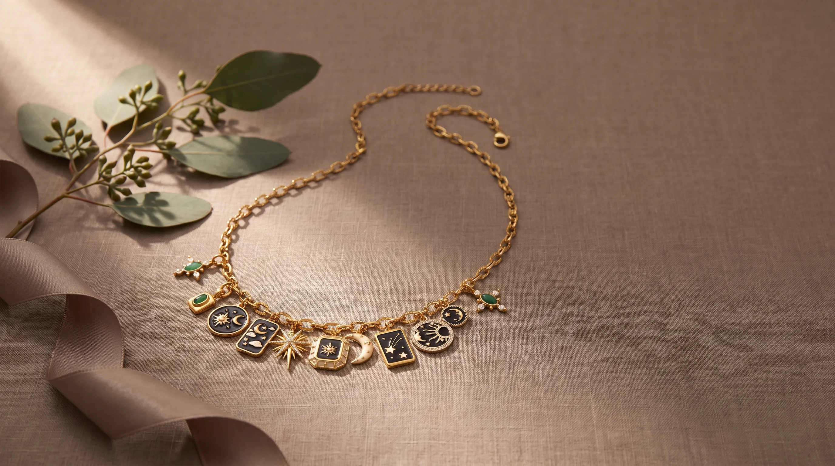 A gold celestial charm necklace with eucalyptus on a taupe linen surface, by Enleira