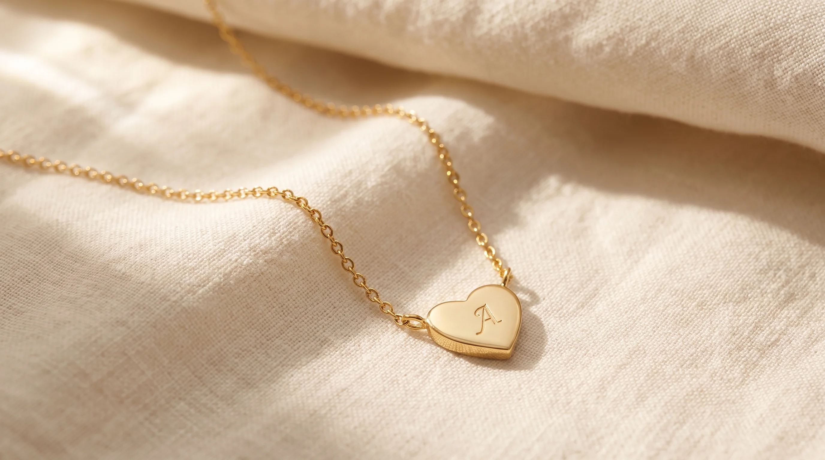 A gold heart-shaped charm necklace with initial 'A' on a cream linen surface, by Enleira