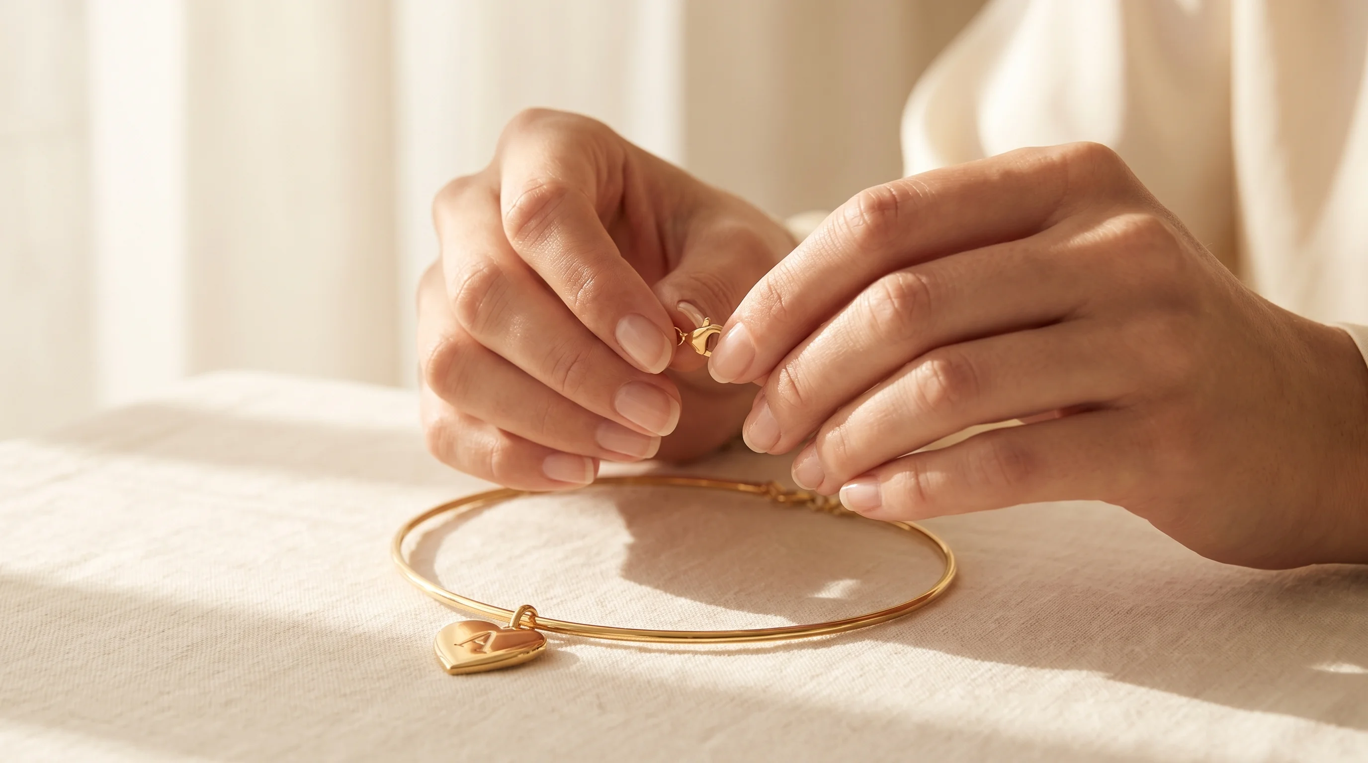 Hands fastening a gold collar necklace with a heart-shaped initial 'A' charm on a cream linen surface, by Enleira