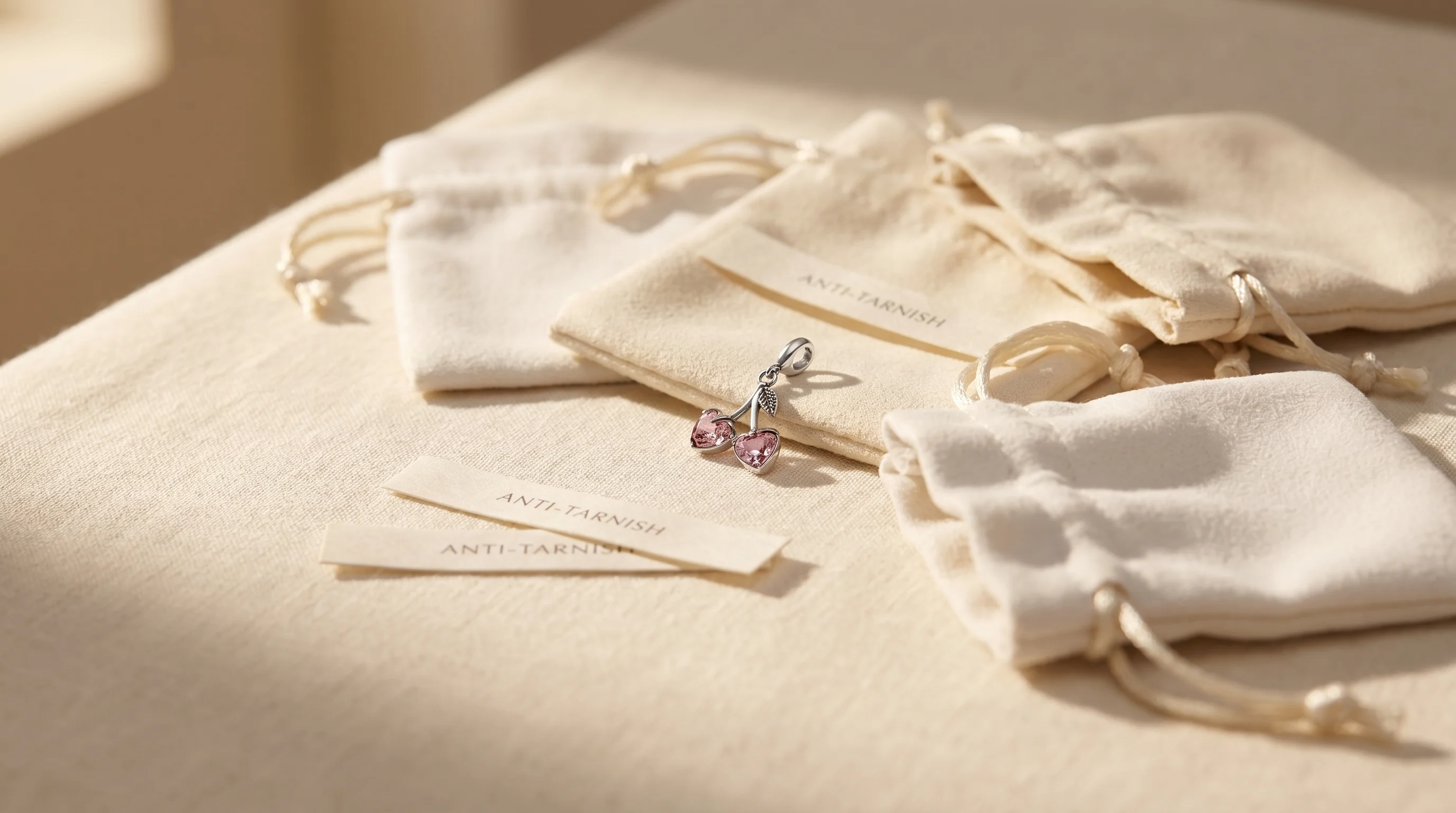 A pink heart crystal cherry charm with anti-tarnish pouches and strips on a cream linen surface, by Enleira