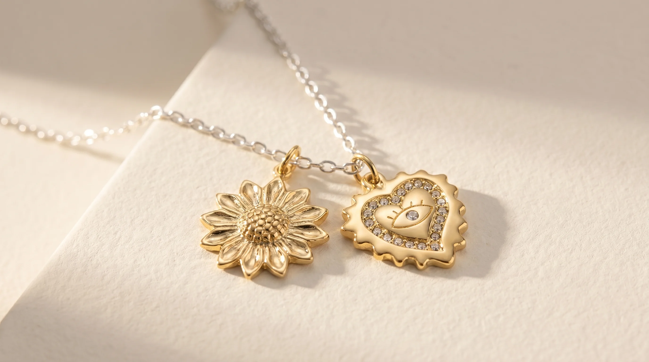 A silver necklace with a gold sunflower charm and a gold pavé evil eye heart charm on a cream surface, by Enleira