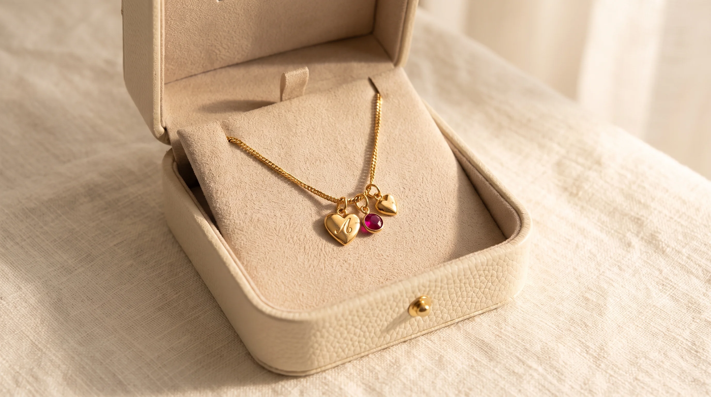 A gold necklace with an initial heart charm and birthstone in a cream jewelry box on a linen surface, by Enleira