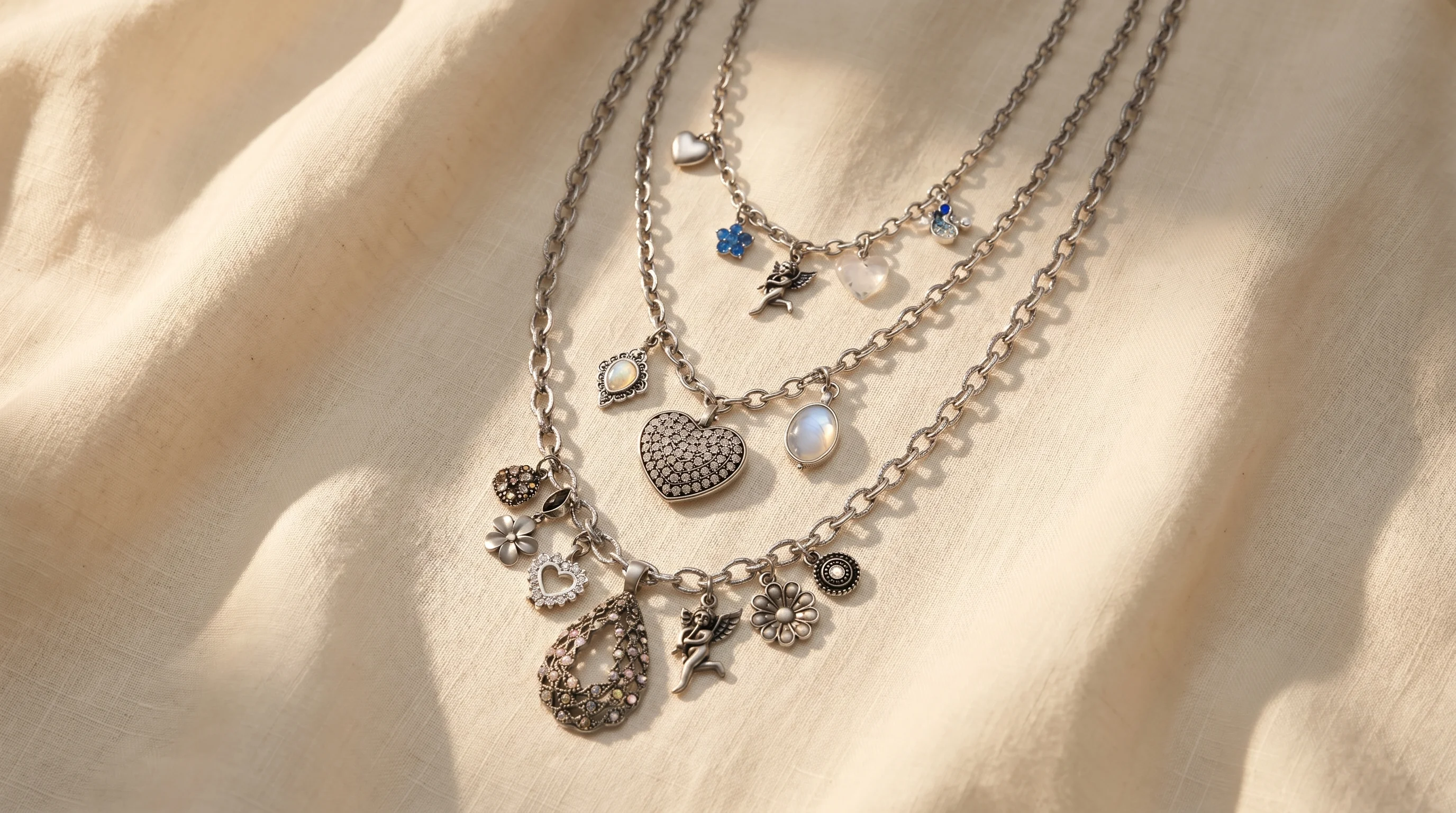 Three layered silver charm necklaces with heart and flower charms on a draped cream linen background, by Enleira