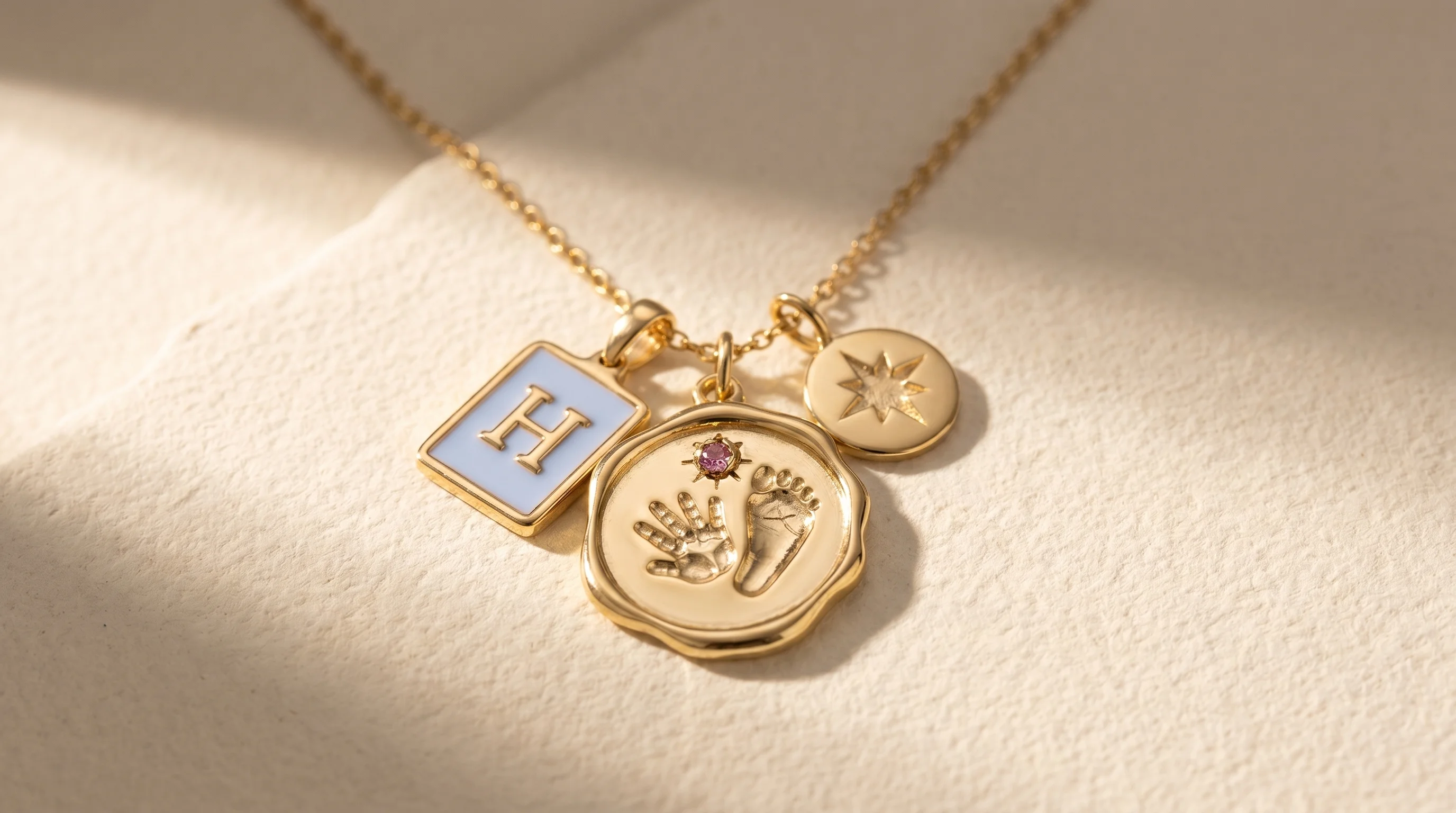 A gold charm necklace with baby handprint, initial, and star charms on a textured cream surface, by Enleira