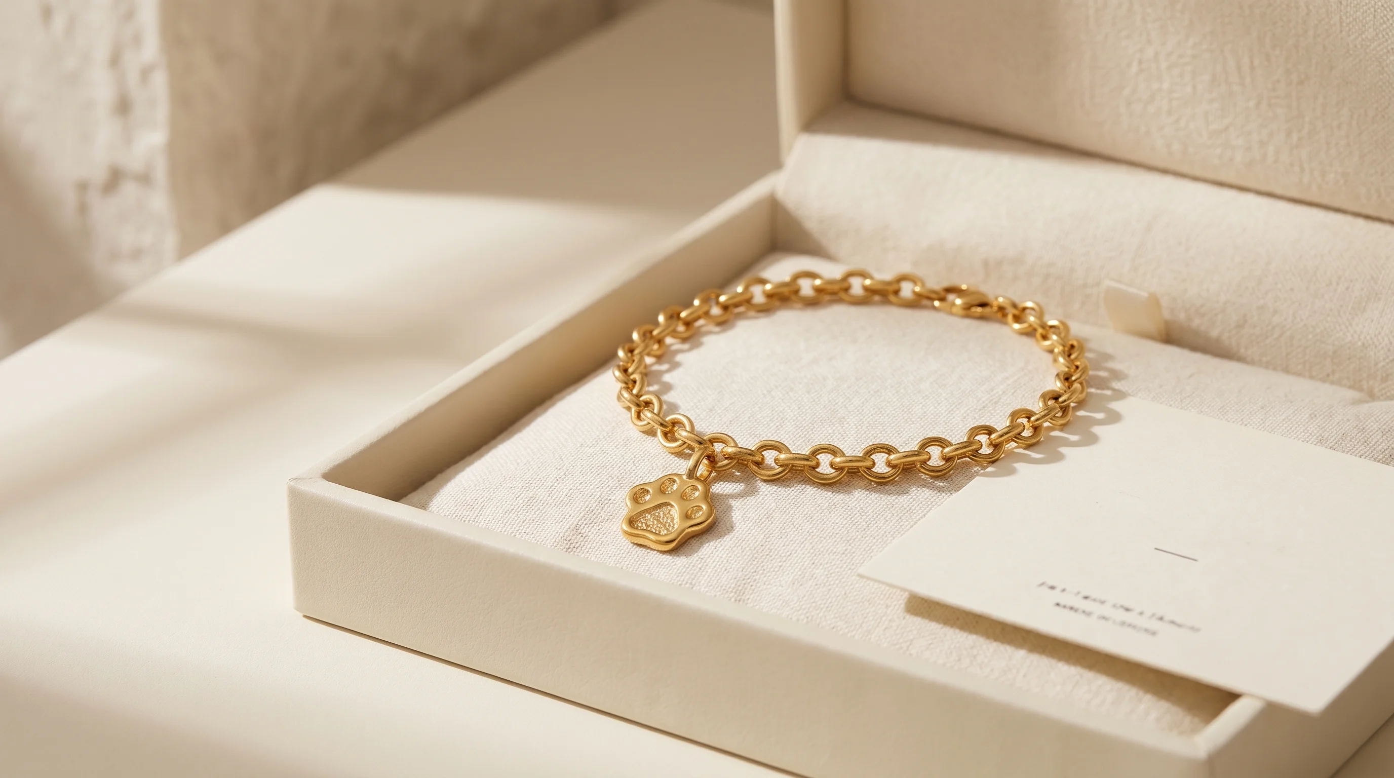 A gold link charm bracelet with a paw print charm resting inside its open, cream-colored jewelry box, by Enleira