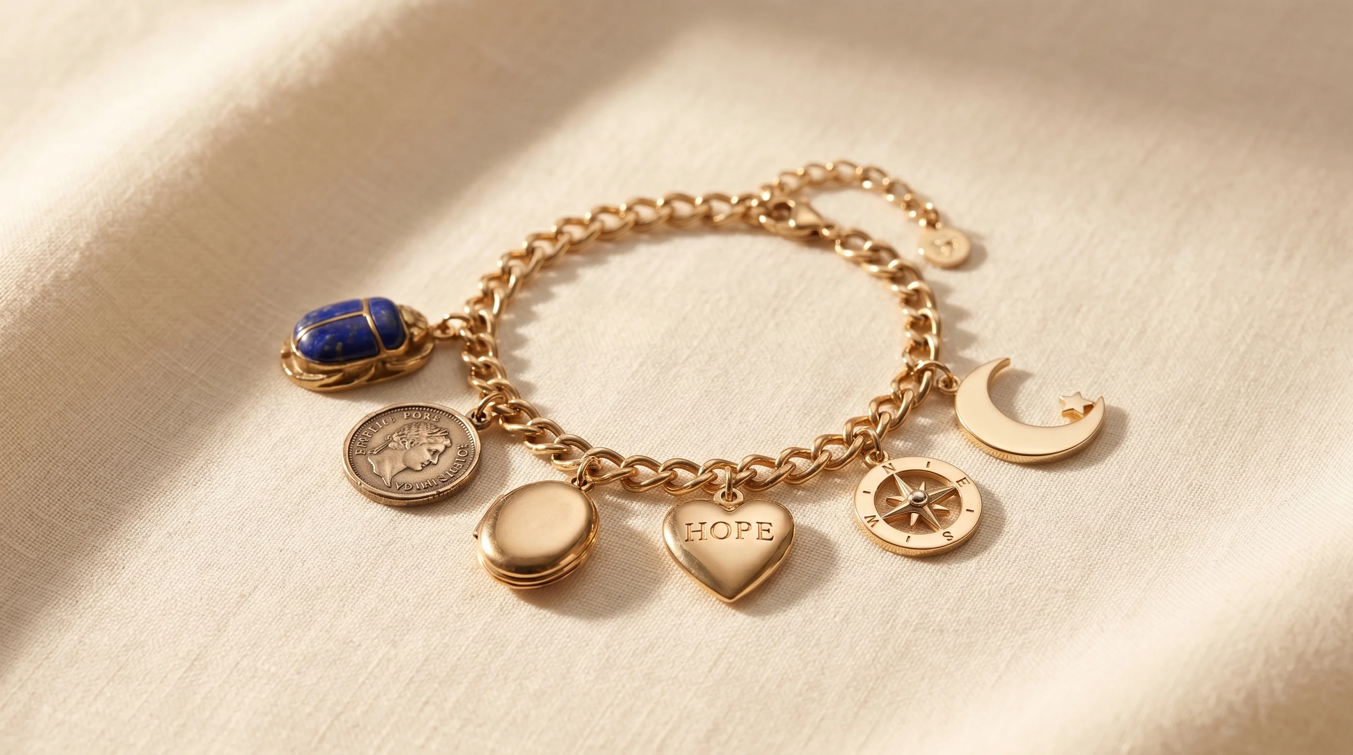 A gold charm bracelet with a locket, coin, and scarab charm, styled on a cream-colored linen surface, by Enleira
